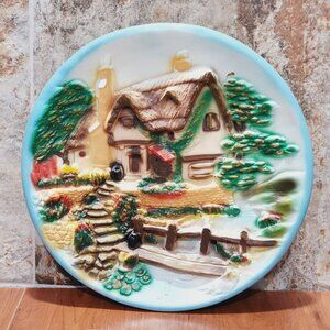 Chalkware English Cottage Forest 3D Cobblestone Streets Plaster Wall Hanging Dec